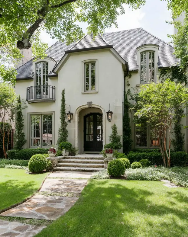 French Country House Style: An Architect's Guide to the Exterior Look 31 French Country House Design stucco home with paired iron entry lanterns and an arched French door