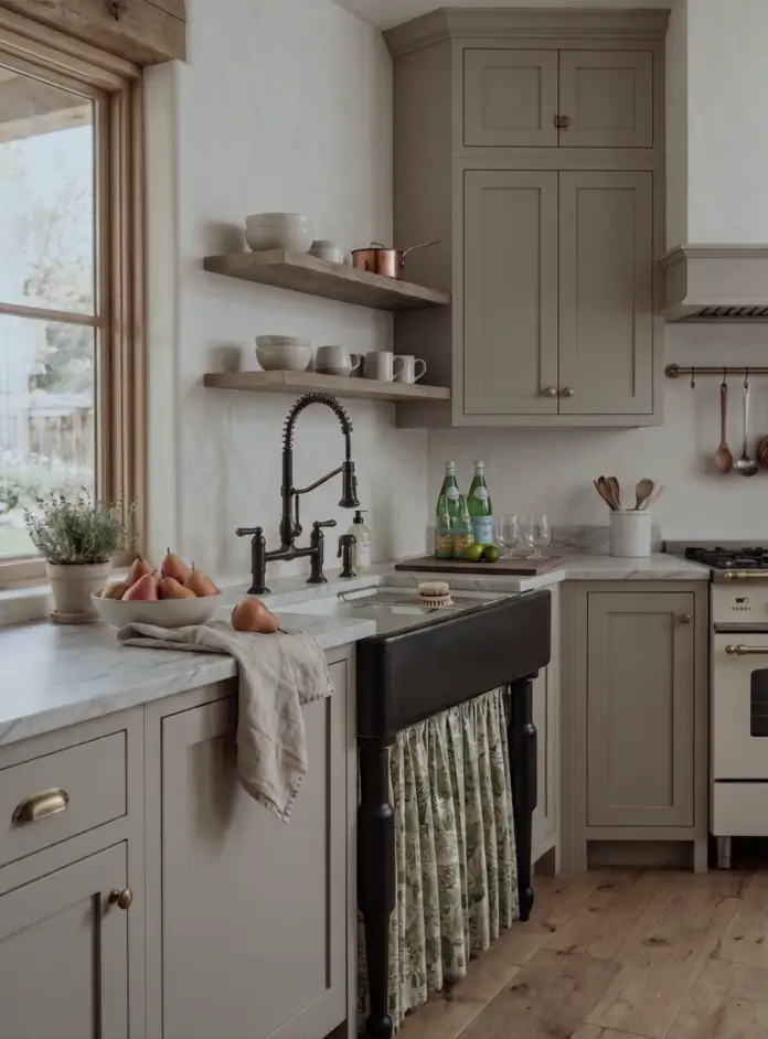 Farmhouse Kitchen Design Ideas: 36 Ways to Get the Look 31 Greige farmhouse kitchen with taupe shaker cabinets, marble counters, brass hardware, and a skirted freestanding sink