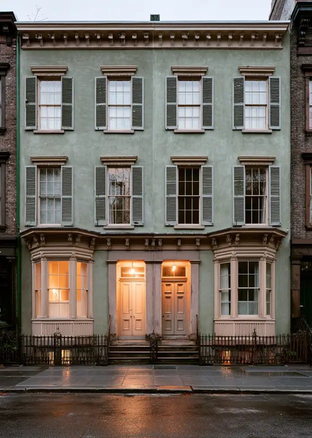 Italianate Style House: 33 Ideas and the Details That Give One Away 31 Muted green Italianate style townhouse with louvered shutters, flat window caps and twin bay windows
