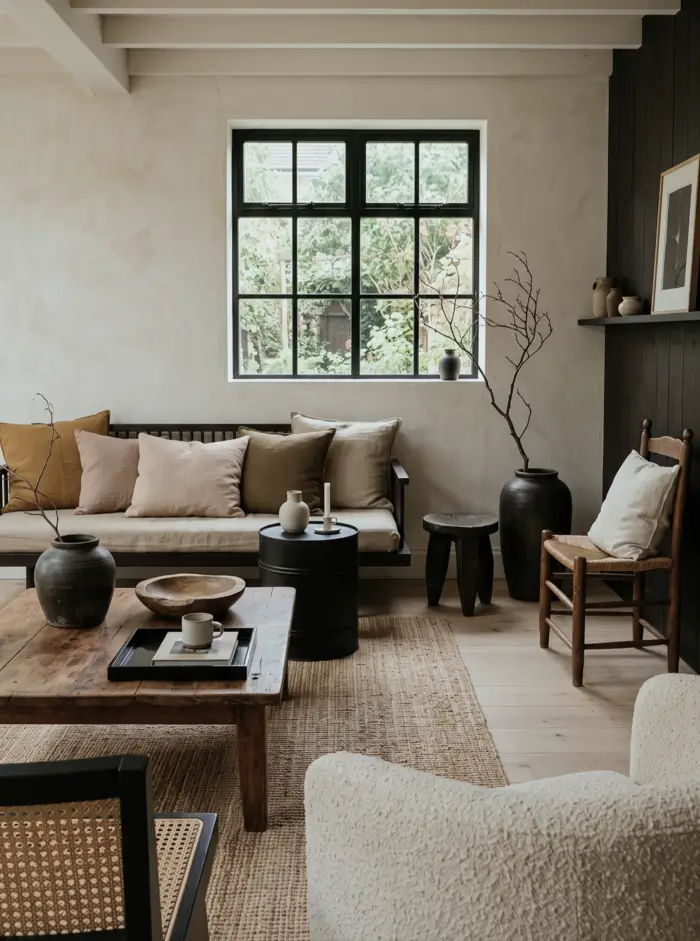 Japandi Style Living Room: Where Japanese Calm Meets Scandinavian Warmth 31 Rustic Japandi living room with a wood daybed, aged pottery, reclaimed coffee table, and cottage window