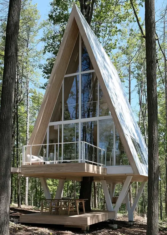 55 Treehouse Design Ideas, From Backyard Platforms to Canopy Cabins 31 Modern treehouse design ideas with a plywood A-frame on a white splayed steel frame above a ground-level deck