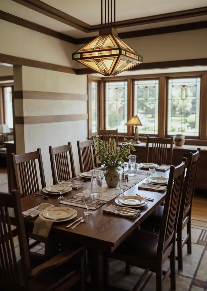 Prairie House Style: Key Features, History, and What Makes These Homes So Timeless 31 Prairie style dining room with geometric stained glass pendant, high-backed oak chairs, and art glass windows
