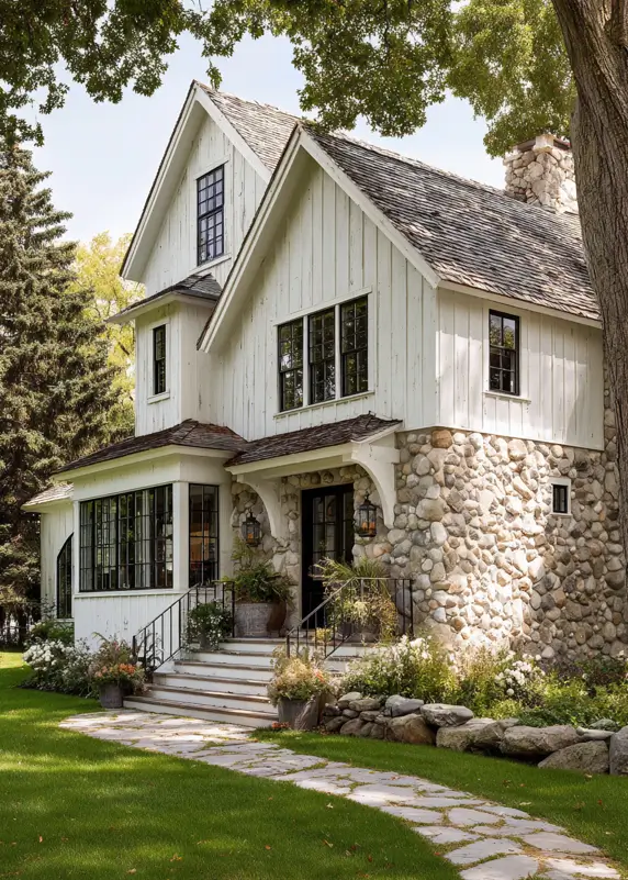 White Farmhouse with Stone Exterior: 29 Ideas That Feel Warm, Not Cold 31 White farmhouse with stone exterior river rock corner and chimney on a whitewashed cottage