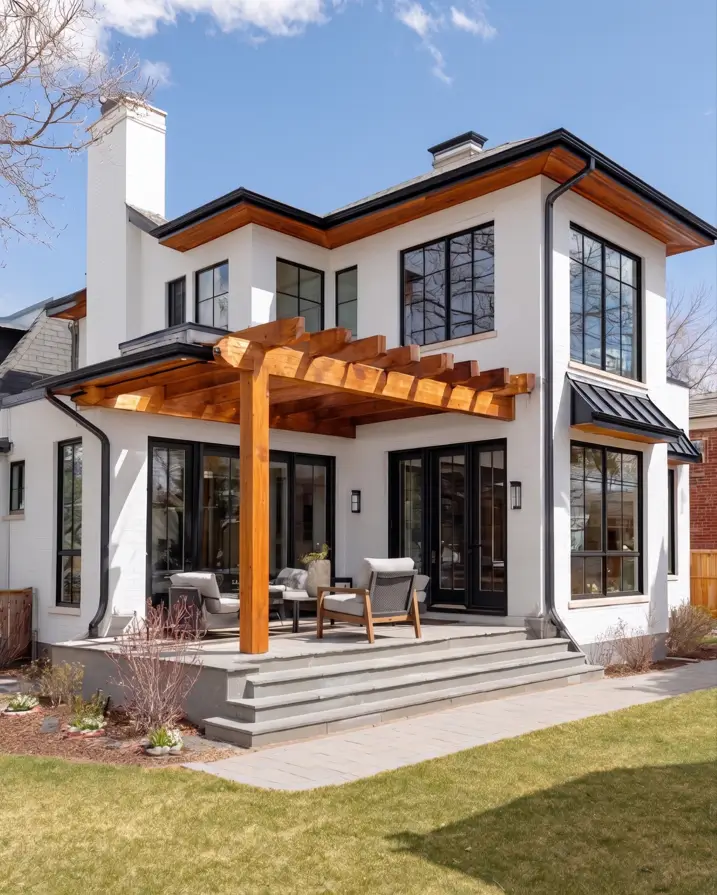 47 White Houses With Black Trim and Wood Accents We Love 31 Stained cedar eaves and a matching pergola on a white painted brick house