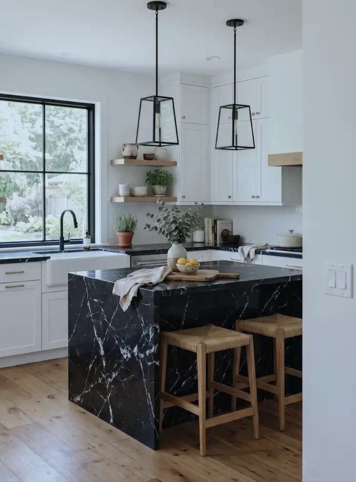Farmhouse Kitchen Design Ideas: 36 Ways to Get the Look 5 Modern farmhouse kitchen with a dramatic black marble waterfall island, white shaker cabinets, and woven counter stools