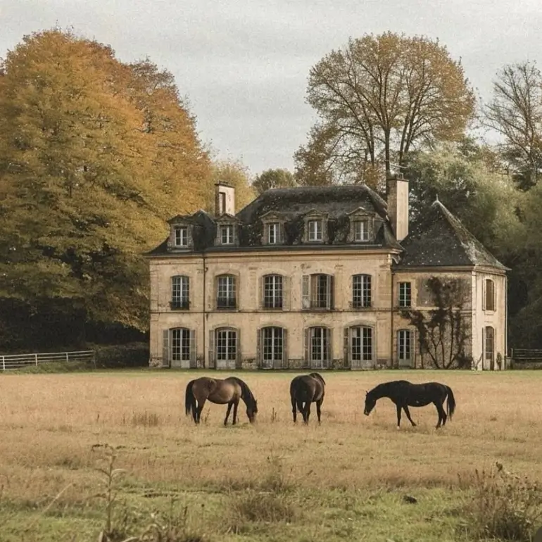 French Country House Style: An Architect's Guide to the Exterior Look 5 French Country chateau with a steep slate mansard roof and arched dormer windows in a rural field
