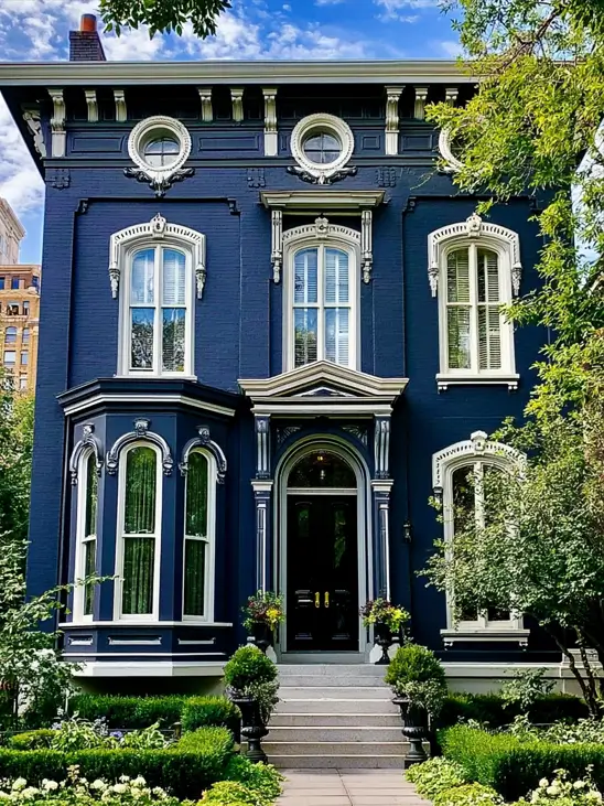 Italianate Style House: 33 Ideas and the Details That Give One Away 5 Navy brick Italianate style house with round oculus windows in the frieze and scrolled window crowns below