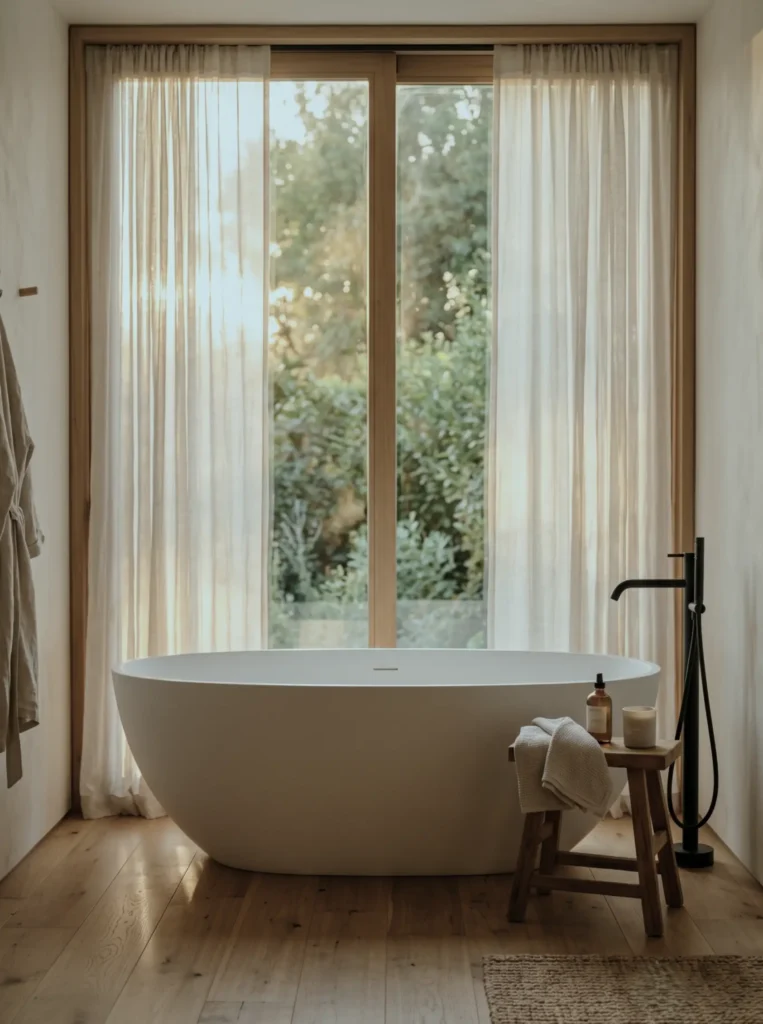 38 Japandi Style Bathroom Ideas for a Quietly Beautiful Space 5 Japandi style bathroom with a freestanding oval tub, wide oak floor, and linen sheer curtains