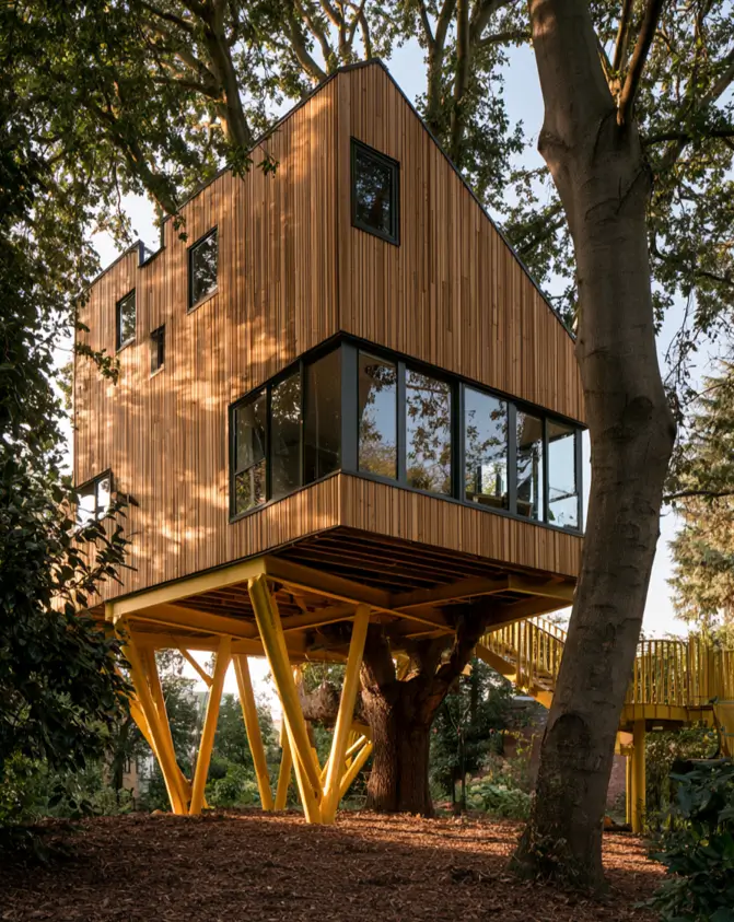55 Treehouse Design Ideas, From Backyard Platforms to Canopy Cabins 5 Modern treehouse design ideas featuring a cedar-clad box raised on bright yellow steel columns beside a mature tree