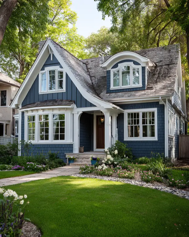 33 Blue and White Cottage Ideas That Always Feel Fresh 5 slate blue and white cottage exterior with board-and-batten siding, white window trim, steep gable, and a wood front door