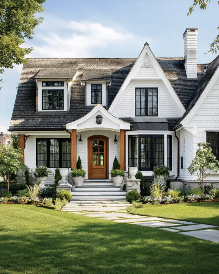 47 White Houses With Black Trim and Wood Accents We Love 5 Arched honey oak front door with cedar posts on a white shingle cottage