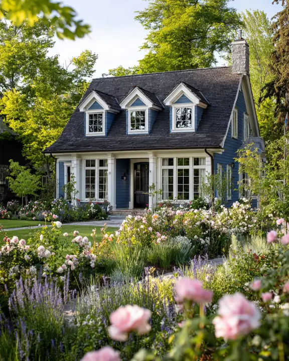 33 Blue and White Cottage Ideas That Always Feel Fresh 32 blue and white cottage exterior with slate-blue lap siding, three white dormers, white window trim, and a rose and lavender cottage garden