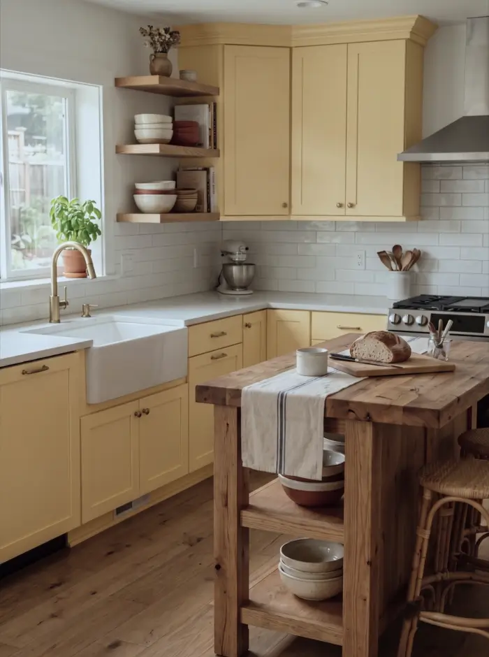 Farmhouse Kitchen Design Ideas: 36 Ways to Get the Look 32 Butter yellow farmhouse kitchen with shaker cabinets, brass tap, apron sink, and a reclaimed wood work table island
