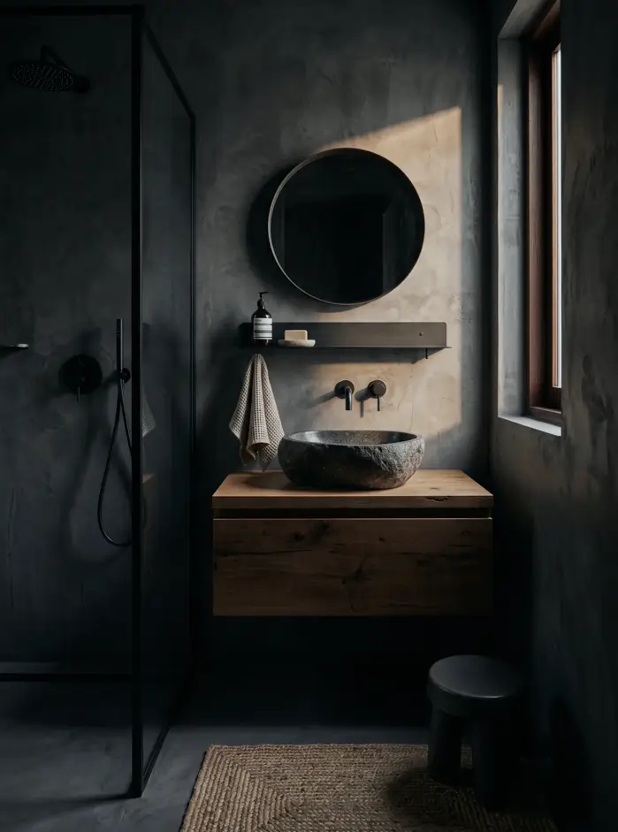 38 Japandi Style Bathroom Ideas for a Quietly Beautiful Space 32 Dark Japandi style bathroom with a raw stone basin, oak shelf vanity, and matte black tapware
