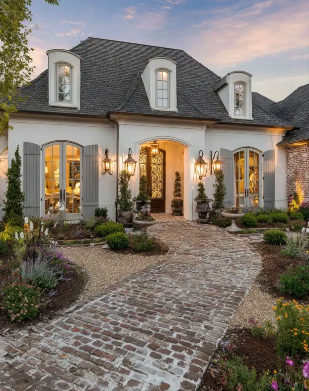 French Country House Style: An Architect's Guide to the Exterior Look 32 French Country House Style white stucco home with a wrought-iron door screen, mansard roof, and gas lanterns