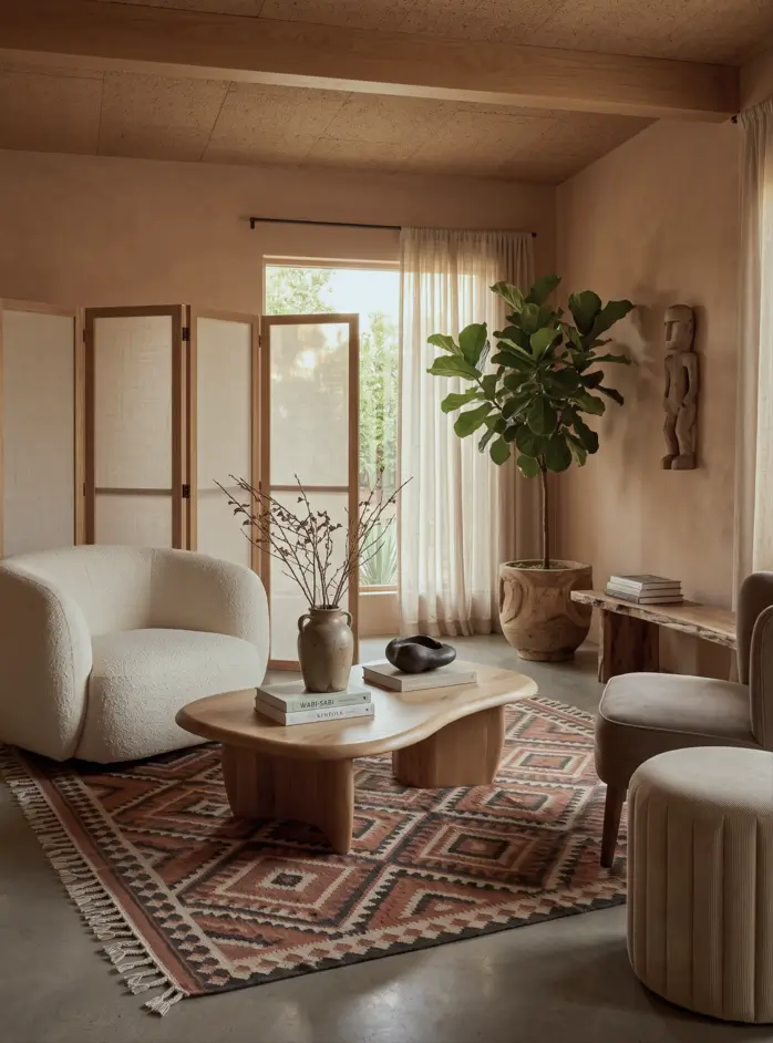Japandi Style Living Room: Where Japanese Calm Meets Scandinavian Warmth 32 Earthy Japandi living room with a folding linen screen, bouclé armchair, oak coffee table, and kilim rug