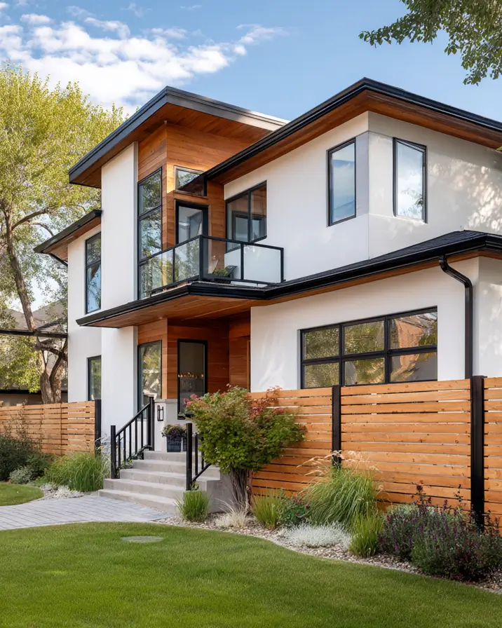 47 White Houses With Black Trim and Wood Accents We Love 32 Horizontal cedar privacy fence matching the balcony wood on a modern white house