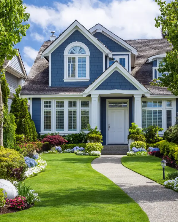 33 Blue and White Cottage Ideas That Always Feel Fresh 33 blue and white house exterior with mid-blue shingle siding, white trim, arched window, columns, and a layered flower garden