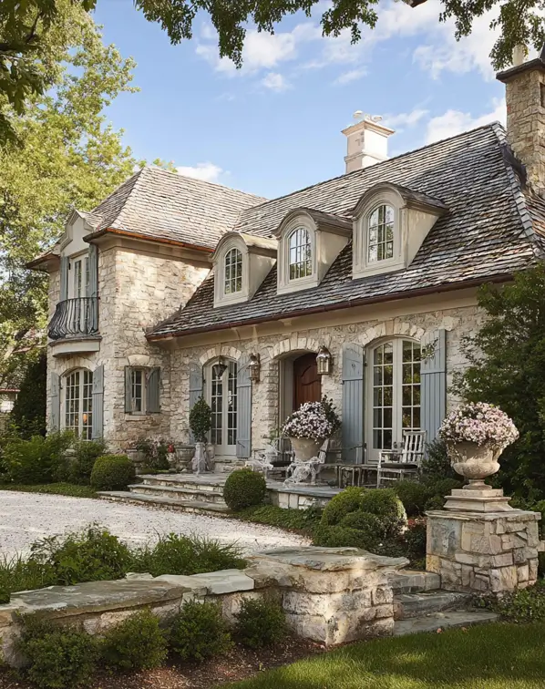 French Country House Style: An Architect's Guide to the Exterior Look 33 French Country House Design stone home with tall arched French doors, blue-gray shutters, and stone urns