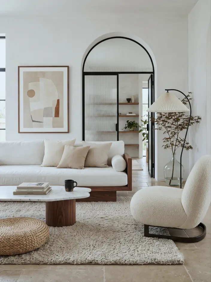 Japandi Style Living Room: Where Japanese Calm Meets Scandinavian Warmth 33 Bright Japandi living room with an arched reeded-glass door, linen sofa, bouclé chair, and marble coffee table