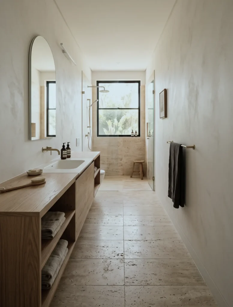 38 Japandi Style Bathroom Ideas for a Quietly Beautiful Space 33 Small Japandi style bathroom in a narrow galley layout with an oak vanity, travertine floor, and limewash walls