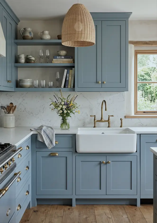 Farmhouse Kitchen Design Ideas: 36 Ways to Get the Look 33 Soft blue farmhouse kitchen with powder-blue shaker cabinets, aged brass hardware, marble counters, and a white apron sink