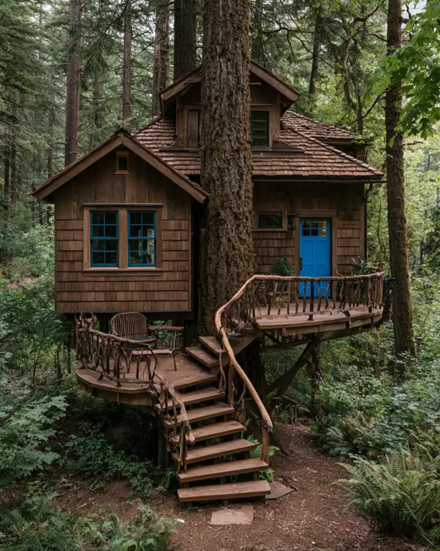 55 Treehouse Design Ideas, From Backyard Platforms to Canopy Cabins 33 Treehouse design ideas featuring a cedar shingle cottage built around a large trunk with curved stairs and a branch railing