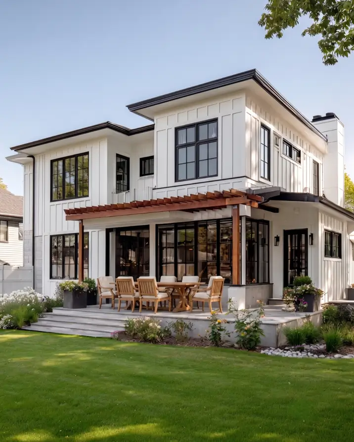 47 White Houses With Black Trim and Wood Accents We Love 33 Redwood pergola over an outdoor dining patio behind a white board and batten house