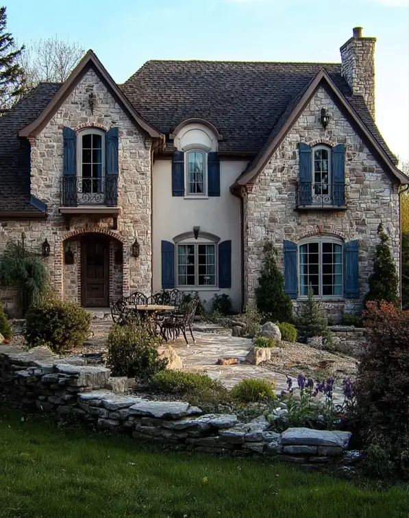 French Country House Style: An Architect's Guide to the Exterior Look 34 French Country House Style stone home with brick arched windows, deep blue shutters, and twin gables