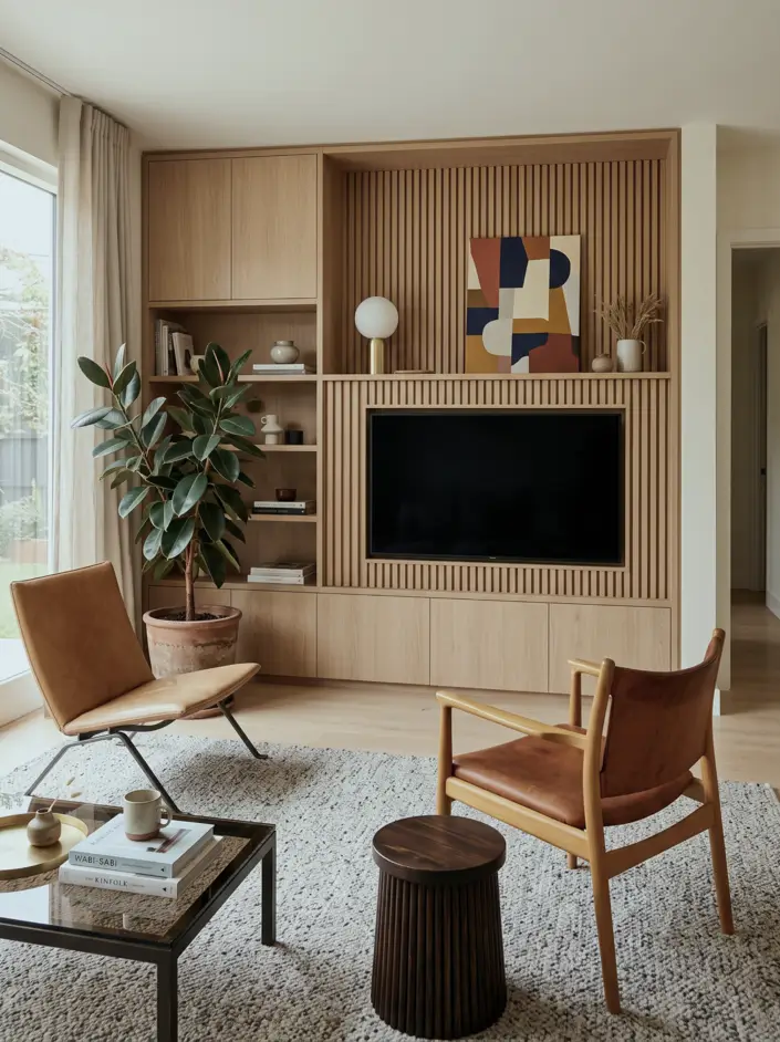 Japandi Style Living Room: Where Japanese Calm Meets Scandinavian Warmth 34 Japandi living room with an oak joinery wall combining TV, cabinets, and shelving, plus leather chairs