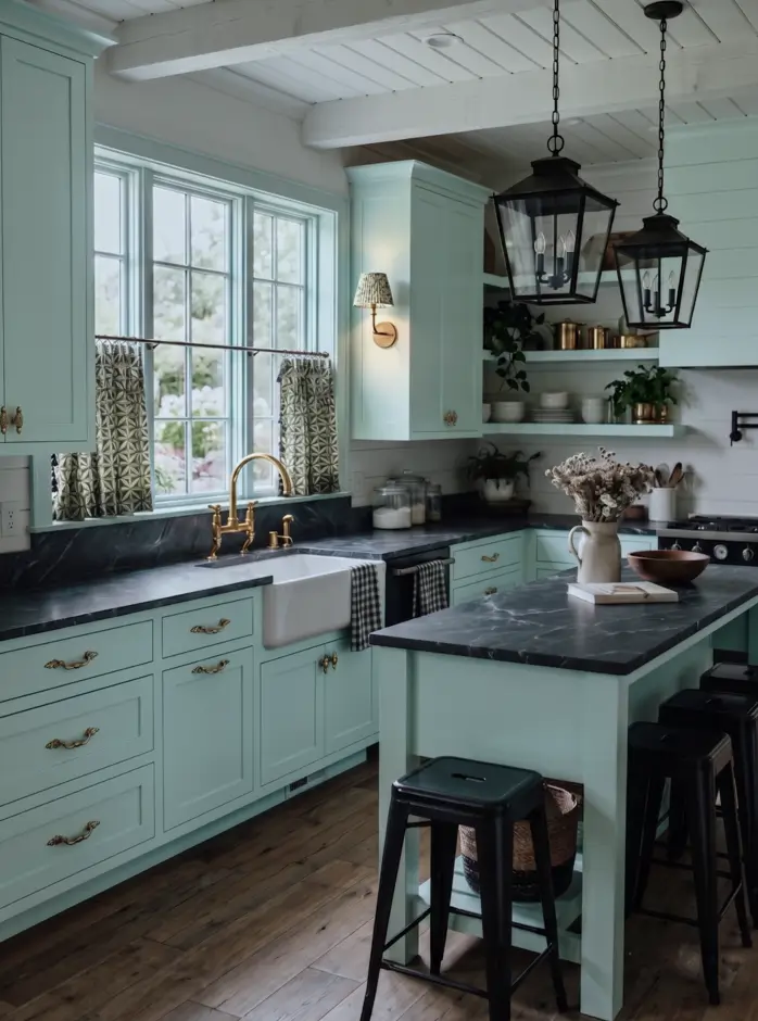 Farmhouse Kitchen Design Ideas: 36 Ways to Get the Look 34 Mint green farmhouse kitchen with seafoam shaker cabinets, black soapstone counters, antique brass hardware, and an apron sink
