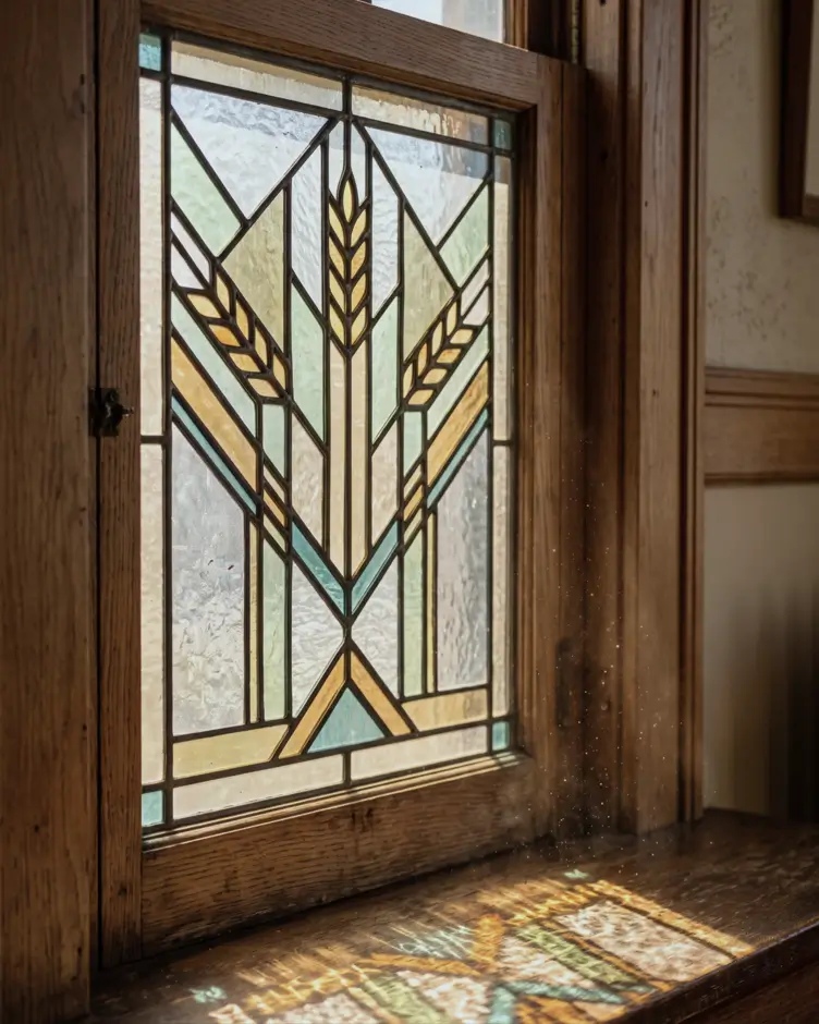 Prairie House Style: Key Features, History, and What Makes These Homes So Timeless 34 Close-up of Prairie style leaded art glass panel with wheat motif casting colored light onto oak sill