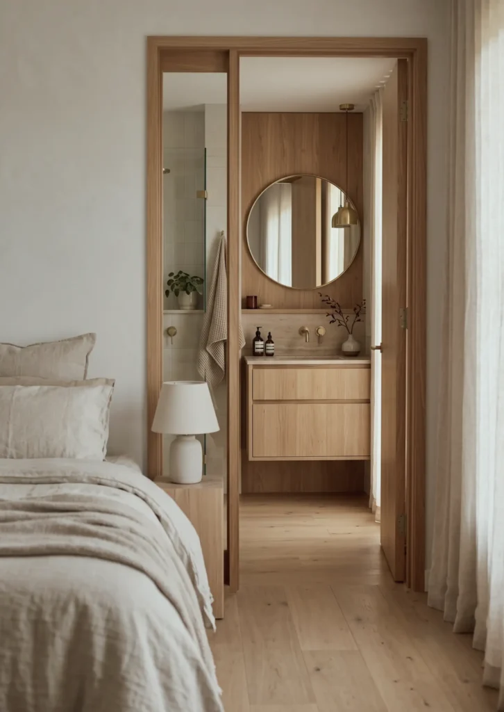 38 Japandi Style Bathroom Ideas for a Quietly Beautiful Space 34 Small Japandi style bathroom ensuite off a bedroom with an oak vanity, round mirror, and brass pendant