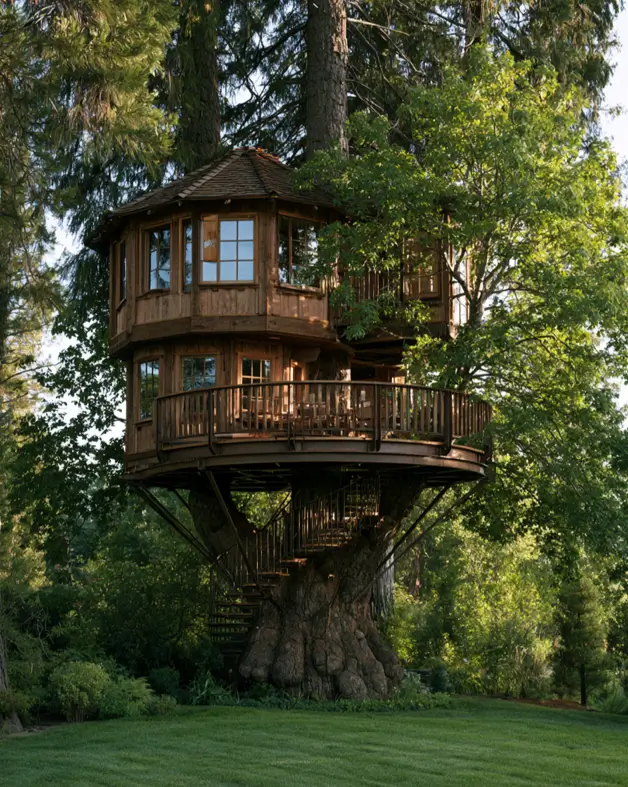 55 Treehouse Design Ideas, From Backyard Platforms to Canopy Cabins 34 Treehouse design ideas showing an octagonal shingled cabin on a mature trunk with a spiral stair and round deck