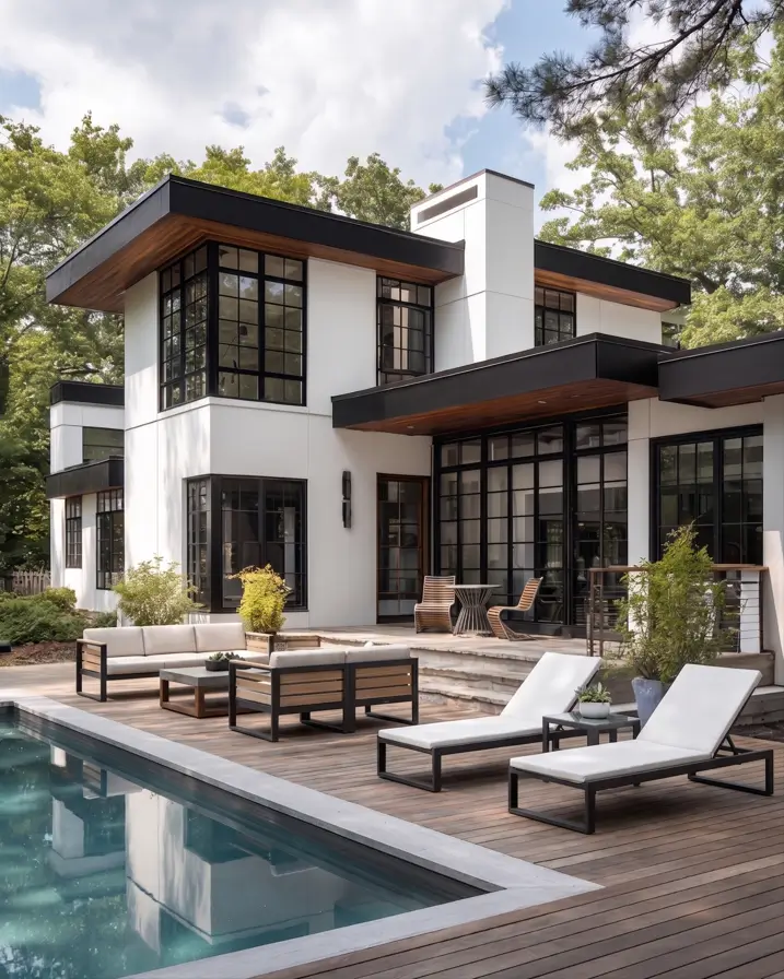 47 White Houses With Black Trim and Wood Accents We Love 34 Mahogany soffit bands on the flat overhangs of a modern white house by a pool