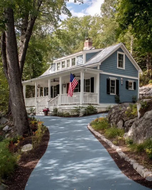 33 Blue and White Cottage Ideas That Always Feel Fresh 35 blue and white cottage exterior with slate-blue lap siding, black shutters, white wraparound porch, and a curved drive through the woods