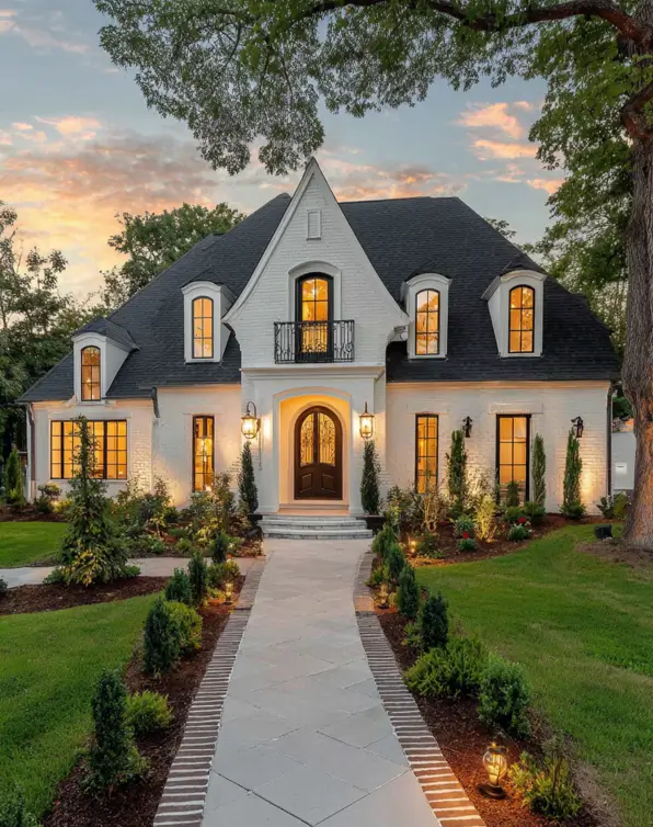 French Country House Style: An Architect's Guide to the Exterior Look 35 French Country House Style painted white brick home with a pointed gable, arched dormers, and gas lanterns