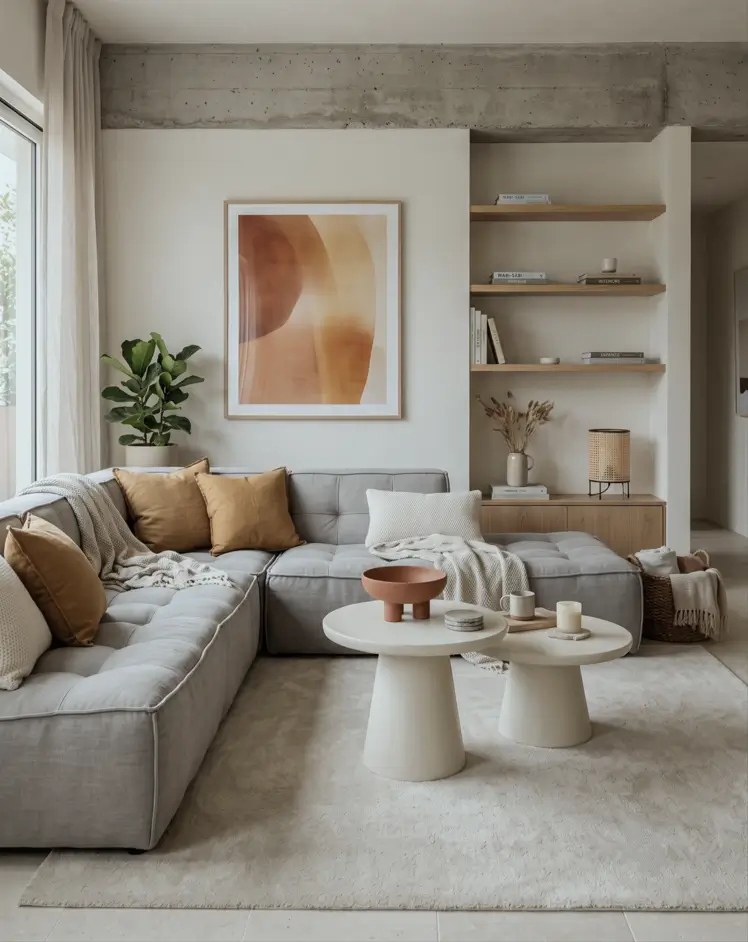 Japandi Style Living Room: Where Japanese Calm Meets Scandinavian Warmth 35 Japandi living room with a grey modular sectional, plaster nesting tables, oak shelving, and terracotta art