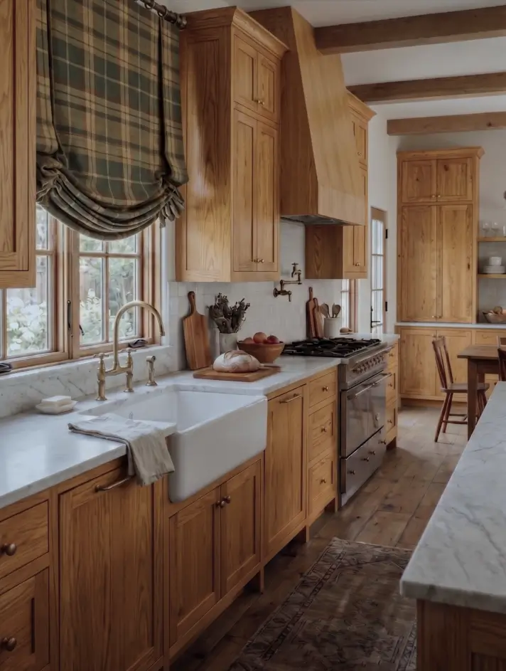 Farmhouse Kitchen Design Ideas: 36 Ways to Get the Look 35 Traditional farmhouse kitchen with natural honey wood cabinets, a wood range hood, white apron sink, and marble counters