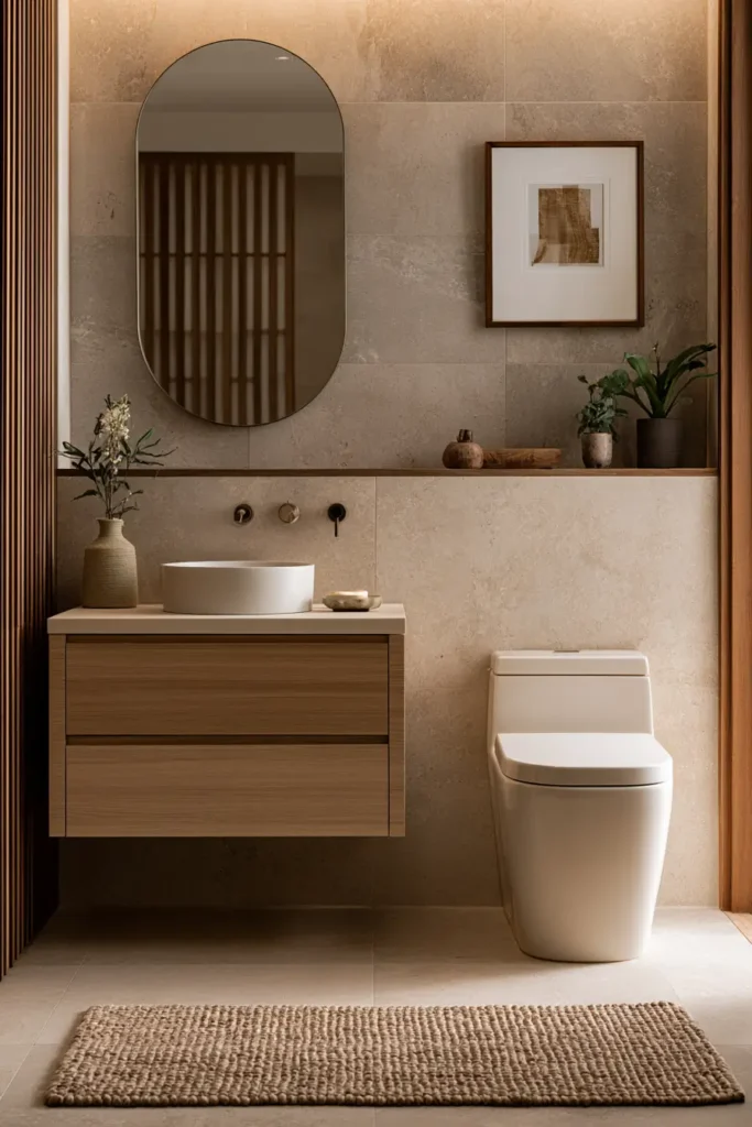38 Japandi Style Bathroom Ideas for a Quietly Beautiful Space 35 Small Japandi style bathroom powder room with an oak vanity, oval mirror, and warm stone tile