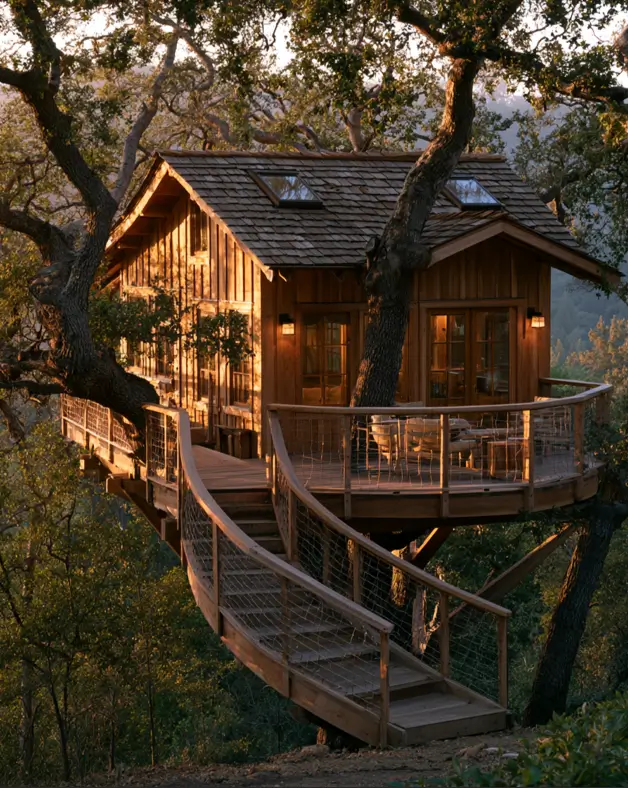 55 Treehouse Design Ideas, From Backyard Platforms to Canopy Cabins 35 Treehouse design ideas with a shingled roof, skylights, reclaimed timber cladding and a curved stair among oak limbs
