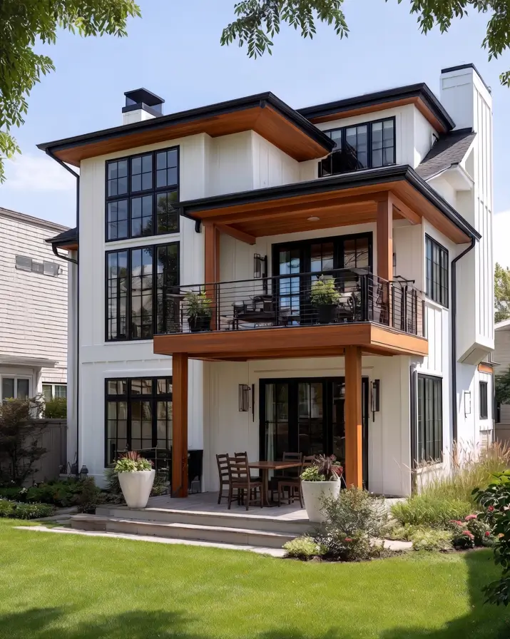 47 White Houses With Black Trim and Wood Accents We Love 35 White house with black trim and wood accents forming a stacked cedar balcony and patio