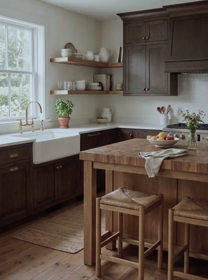 Farmhouse Kitchen Design Ideas: 36 Ways to Get the Look 36 Farmhouse kitchen with dark espresso stained wood cabinets, brass tap, apron sink, white counters, and a light butcher-block island
