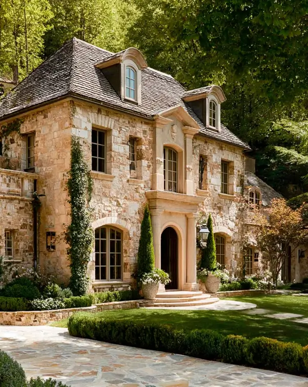 French Country House Style: An Architect's Guide to the Exterior Look 36 French Country House Design stone manor with a carved limestone entry surround and arched dormers