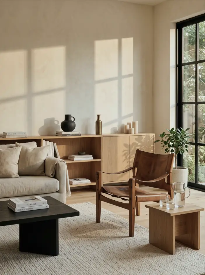 Japandi Style Living Room: Where Japanese Calm Meets Scandinavian Warmth 36 Sunlit Japandi living room with a linen sofa, leather safari chair, oak sideboard, and limewash walls