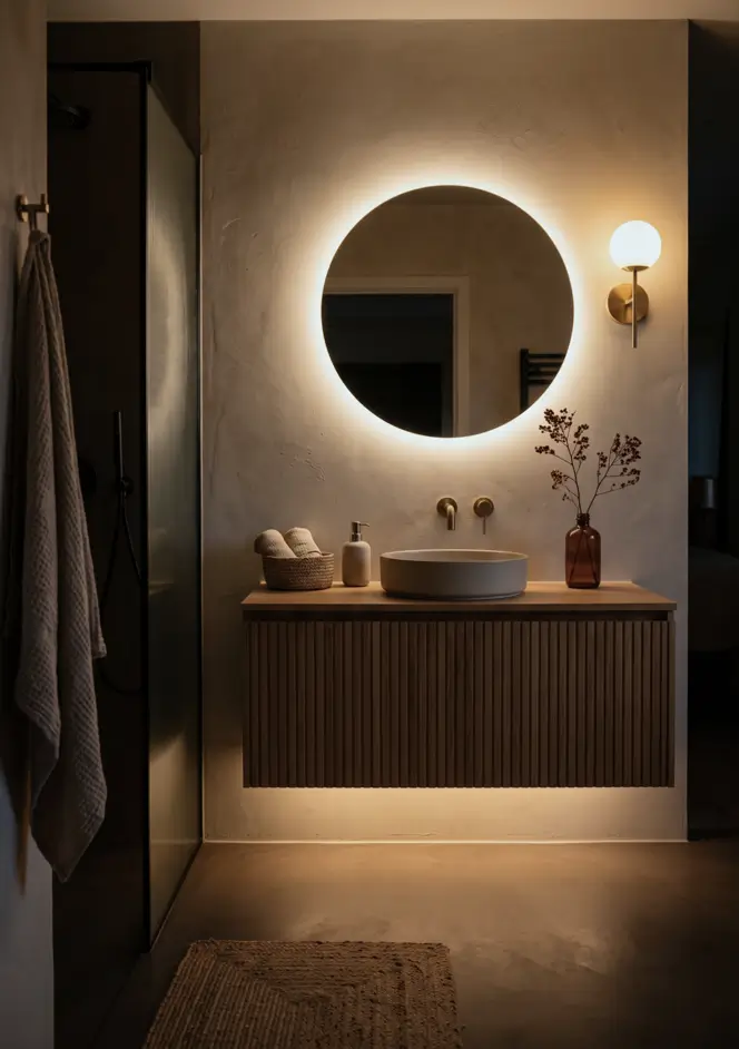 38 Japandi Style Bathroom Ideas for a Quietly Beautiful Space 36 Japandi style bathroom lit for evening with a backlit round mirror, fluted oak vanity, and brass sconce