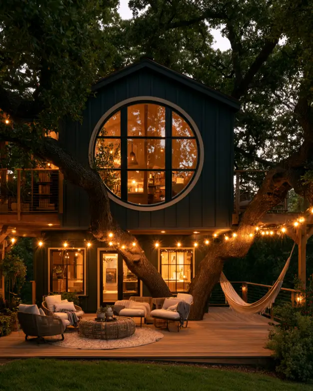 55 Treehouse Design Ideas, From Backyard Platforms to Canopy Cabins 36 Treehouse design ideas featuring a dark board and batten gable with a large round window above an oak deck
