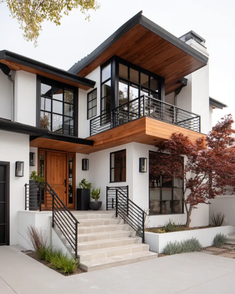 47 White Houses With Black Trim and Wood Accents We Love 36 Cedar-wrapped cantilevered balcony above a knotty alder front door