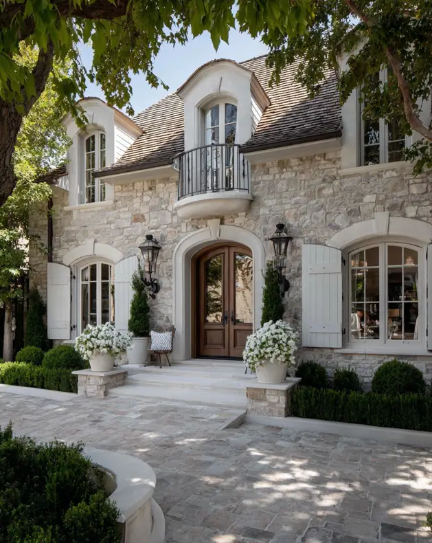 French Country House Style: An Architect's Guide to the Exterior Look 37 French Country House Style limestone home with a curved stone balconet, white shutters, and arched door
