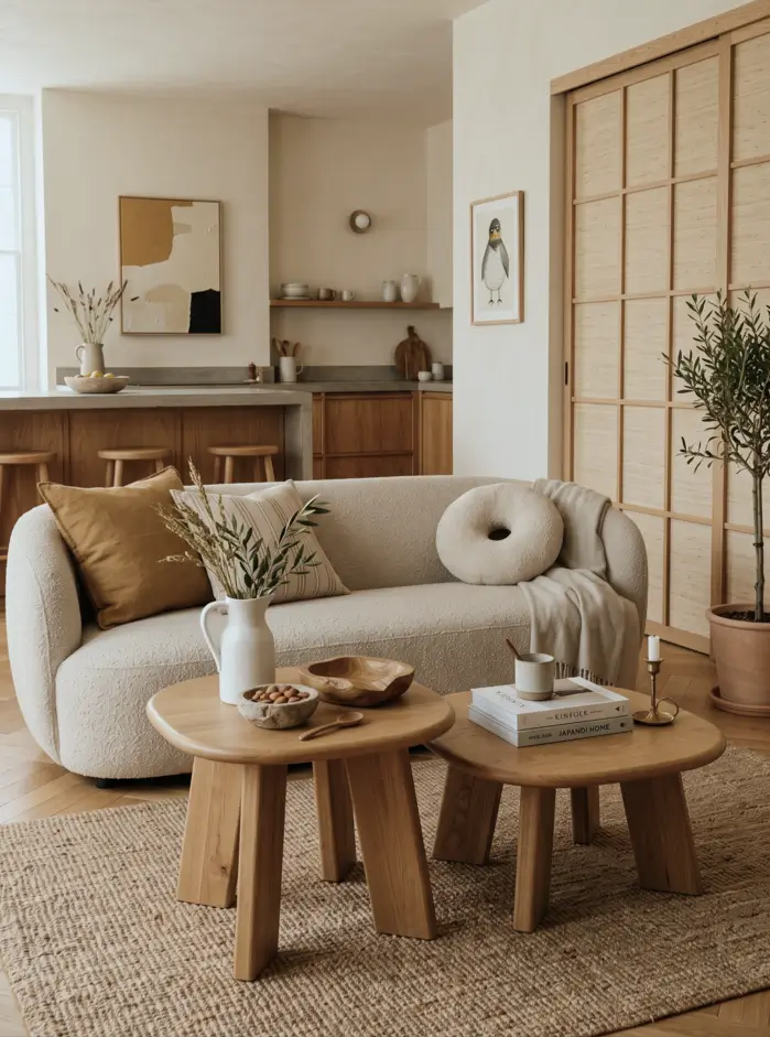 Japandi Style Living Room: Where Japanese Calm Meets Scandinavian Warmth 37 Open-plan Japandi living room with a bouclé sofa, oak nesting tables, jute rug, and kitchen island behind